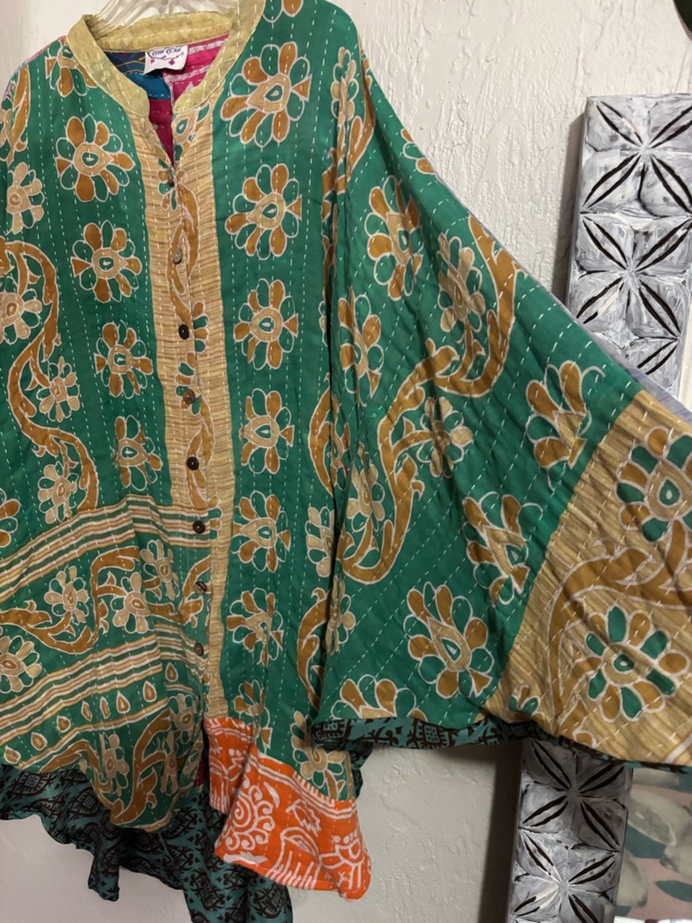 Kantha & Silk Button-Front Dolman Tunic/ Dress One Size - Picture 4 of 10
